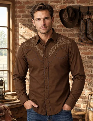 Vista 3 de COOFANDY Camisa occidental para hombre de manga larga con bordados, camisa de vaquero casual con botones café (01-Coffee(Pattern1))