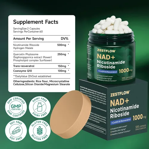 Vista 4 de Suplemento NAD, NAD+ nicotinamida ribósido resveratrol 1000 mg, suplemento liposomal de NAD para mujeres y hombres, NAD Plus con CoQ10 para energía