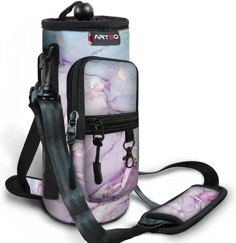 Vista 13 de ARTSO Bolsa de transporte para botella de agua con bolsillo para teléfono, funda de neopreno para botella de agua, bolsa con correa ajustable
