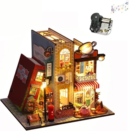 Vista 8 de Soporte de madera 3D para libros, rompecabezas de casa de muñecas, sujetalibros de madera, kit de construcción de rincones con luz LED