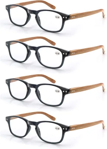 Vista 13 de MODFANS Paquete de 4 gafas de lectura 2.0, con bisagras de resorte de aspecto de madera, elegantes, para hombres y mujeres Paquete de 4