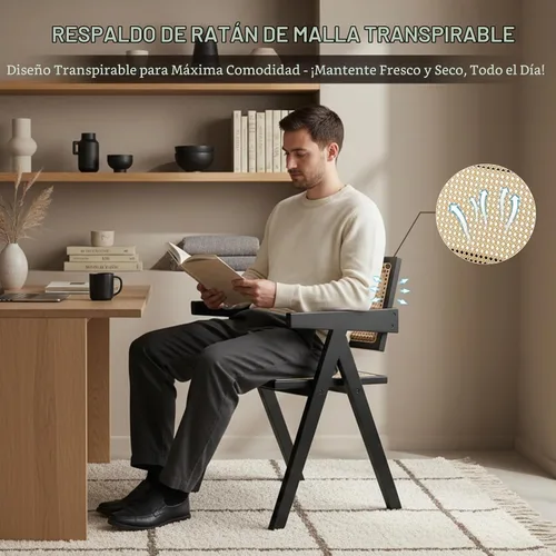 Vista 5 de Furlide Juego de 2 sillas de comedor de ratán, sillas de comedor modernas de mediados de siglo con brazos, sillas de bambú para exteriores