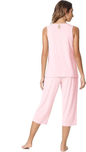 Vista 3 de NACHILA Conjunto de pijama de bambú para mujer, sin mangas, suave, pantalones capri, tallas S-4XL