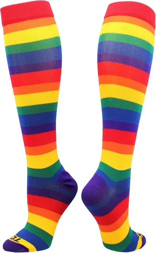 Vista 4 de Calcetines Krazisox Rainbow Stripes sobre la pantorrilla Multi-neón