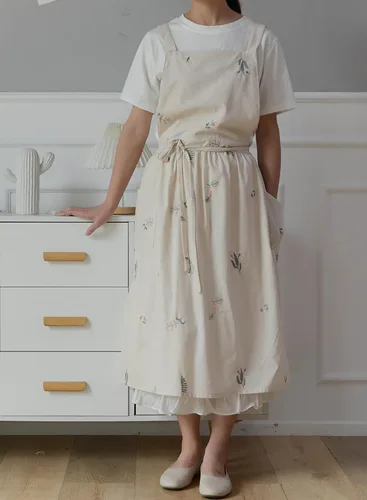 Vista 2 de Delantal japonés de algodón y lino con espalda cruzada para mujer con bolsillos, vestido de moda con lazos en la cintura