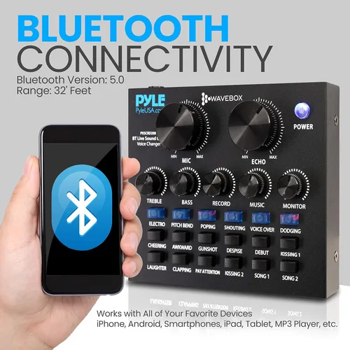 Vista 6 de Pyle Mini mezclador de podcast de audio Bluetooth - Transmisión en vivo para computadora de PC, iPhone, cambiador de voz, tarjeta de sonido V8