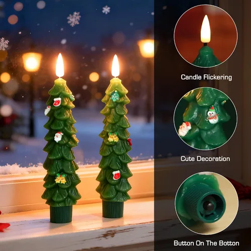 Vista 2 de 3 Piezas Velas de Árbol de Navidad Sin Llama con Control Remoto y Temporizador, Funcionan con Baterías con Llama Parpadeante 3D, Velas Cónicas de 7