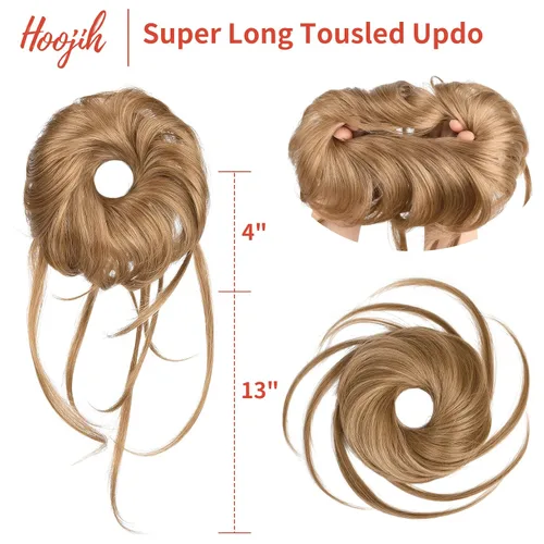 Vista 3 de HOOJIH Pieza de pelo desordenado de moño – Extensiones superlargas despeinadas, cola de caballo ondulada con banda elástica para mujeres y niñas
