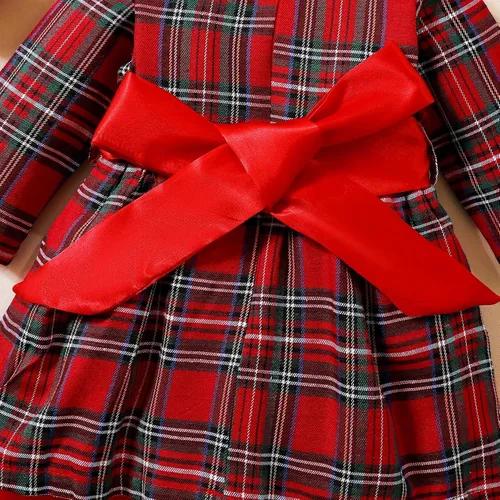 Vista 6 de Vestido de moda tutú para niños y niñas, traje de Navidad rojo a cuadros vestido de manga larga