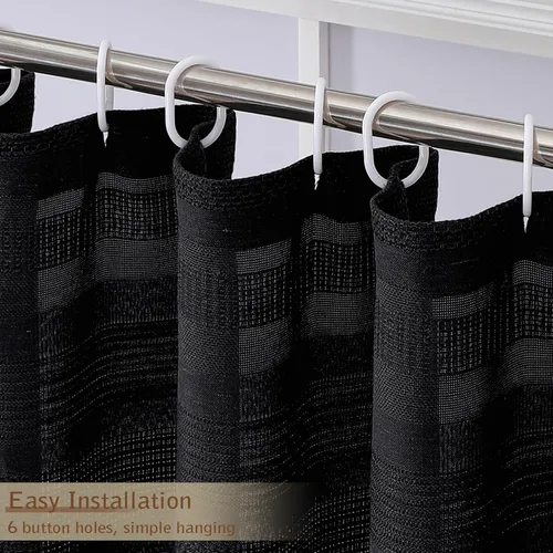 Vista 4 de OVZME Cortina de ducha bohemia negra, cortina de ducha estrecha de tela suave a rayas de lino texturizado con borla, moderna decoración de baño