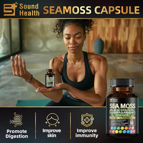 Vista 4 de Cápsulas de musgo marino con Ashwagandha, cúrcuma, vejiga, vitaminas C y D para energía natural, apoyo para el sueño y crecimiento del cabello