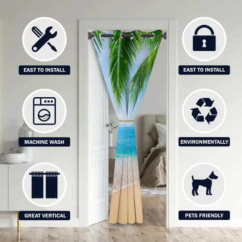 Vista 3 de Cortinas opacas para puerta de playa oceánica para puertas, cortinas opacas hawaianas de verano con palmeras para armario de dormitorio de niños