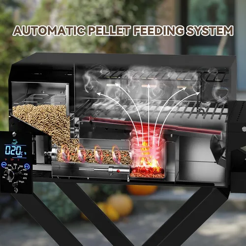 Vista 4 de ONLYFIRE GRILLS Parrilla Ahumadora de Pellets de Madera para BBQ con Carrito Plegable, Sonda de Carne, Área de Cocción de 2 Niveles, Estufa de Negro