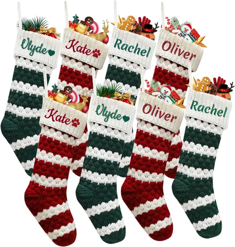 Vista 23 de Dreamdecor - Medias de Navidad personalizadas con nombre y monogramas, medias familiares de 18 pulgadas con placa de cuero para niños, 1 paquete