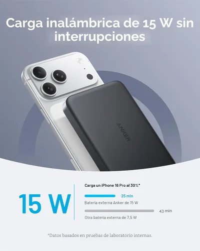 Vista 3 de Anker MagGo Power Bank, batería magnética ultradelgada de 10,000 mAh, con certificación Qi2 de 15 W, cargador portátil ultra rápido compatible