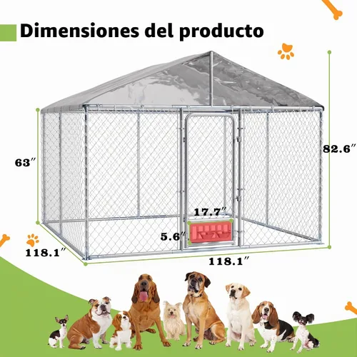 Vista 7 de Grepatio Perrera para perros al aire libre de 10 x 10 pies con techo, recinto exterior para perros con 2 comederos giratorios, cerca para perros