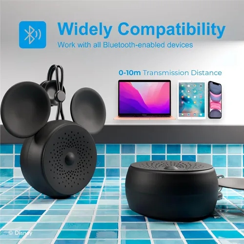 Vista 6 de Disney Mickey Mouse Ears - Altavoz de ducha Bluetooth con ventosa - Altavoz resistente al agua con clasificación IPX4 de Disney para ducha, baños