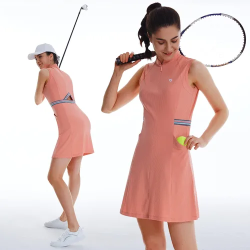 Vista 7 de BALEAF Vestido de tenis para mujer sin mangas con 4 bolsillos pantalones cortos interiores UPF 50 media cremallera vestido deportivo deportivo