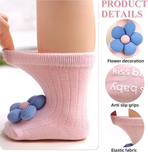 Vista 6 de Paquete de 4 calcetines antideslizantes de flores con empuñaduras para bebés recién nacidos, niñas y niños pequeños