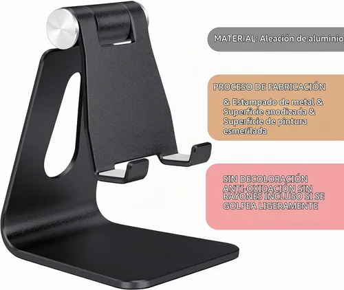 Vista 3 de Soporte plegable negro para teléfono celular de aleación de aluminio, soporte de teléfono de metal de mesa con ángulo ajustable por eje giratorio