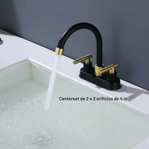 Vista 2 de Grifo de baño negro y dorado, juego central de 2 manijas de 4