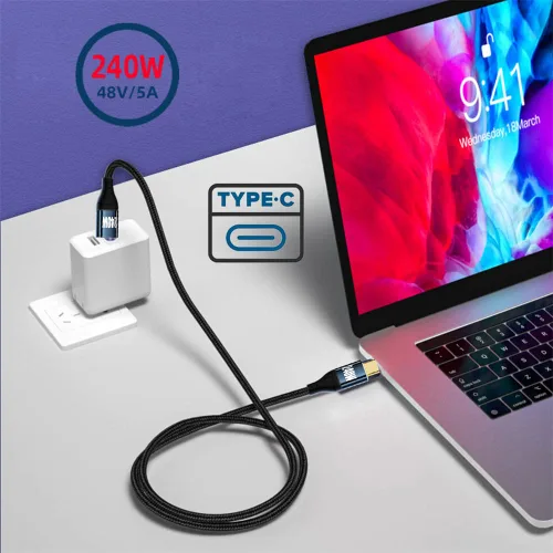 Vista 5 de Cable USB-C de 240 W tipo C 480 Mbps 48 V 5 A de perfil bajo en ángulo de 90 grados compatible con USB 2.0 100 W de carga para portátil, tableta