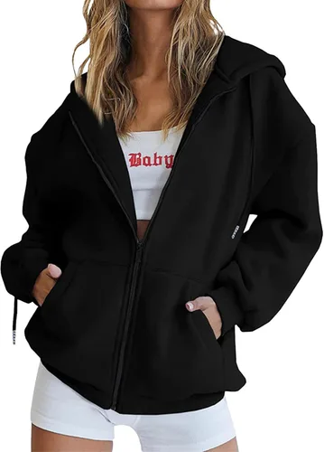 Vista 2 de Ceboyel Sudadera con capucha de gran tamaño para mujer, con cremallera completa, con cordón, parte superior con capucha, para adolescentes, niñas
