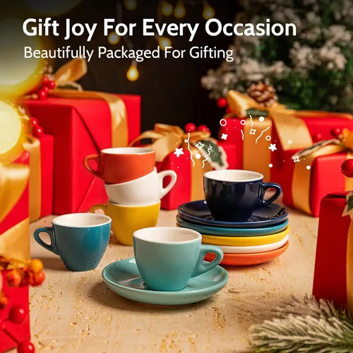 Vista 6 de Sweese Tazas de espresso de 2 onzas con platillos, juego de 6 tazas de espresso de porcelana, colores surtidos