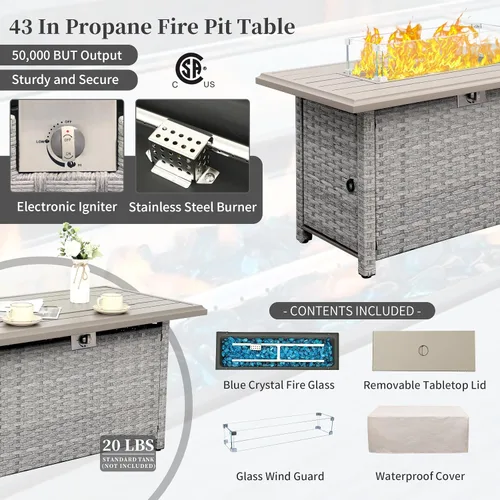 Vista 4 de WAROOM Juego de muebles de patio de 7 piezas de mimbre gris para exteriores, sofá seccional de ratán de polietileno con mesa para fogata de propano
