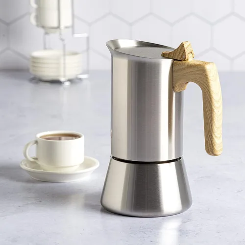 Vista 9 de Primula Cafetera y cafetera de acero inoxidable de alta calidad, olla moka para café clásico italiano, 6 tazas, mango de aspecto de madera