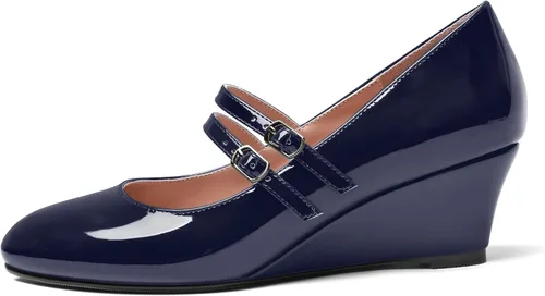 Vista 2 de Zapatos de tacón bajo con hebilla de punta redonda para mujer, con correa ajustable y correa ajustable, 2 pulgadas