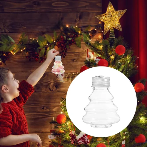 Vista 8 de HOMSFOU 10 botellas de caramelo con forma de árbol de Navidad con tapas plateadas, recipientes rellenables para mascotas para golosinas navideñas