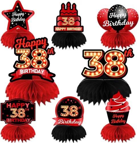 Vista 82 de Feliz 45 cumpleaños rojo y negro centros de mesa de panal de abeja decoraciones de globos decoración de mesa centros de mesa para niñas mujeres