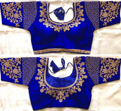 Vista 2 de Indian Hawker Phantom Silk Golden Zari Embroided Thread Heavy Handwork Sari Blusa Media Manga Readymade para Mujer