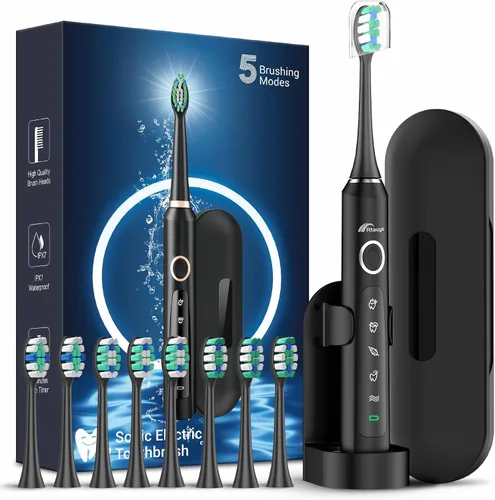 Vista 10 de Rtauys Cepillo de dientes eléctrico M5 para adultos, cepillo de dientes eléctrico sónico para niños y adultos con 8 cabezales de cepillo y estuche