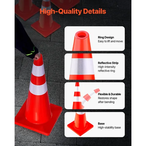 Vista 8 de VEVOR Conos de seguridad, 28 pulgadas/28.7 in de altura, 12 piezas de PVC naranja cono de tráfico con 2 collares reflectantes y base pesada