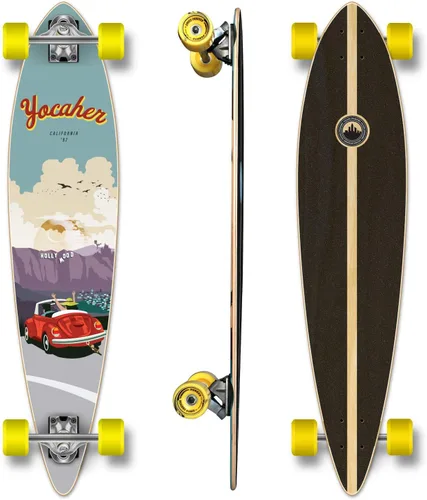 Vista 5 de Yocaher Patinetas completas Pintail Longboard con cinta de agarre premium, camión de aluminio, rodamientos ABEC-9, ruedas de patineta de 2.81