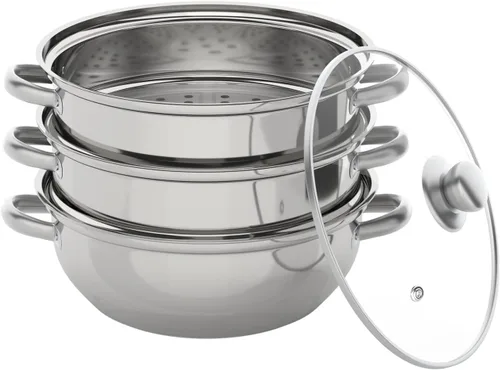 Vista 3 de Vaporizador de 3 niveles de acero inoxidable para cocinar con tapa de vidrio templado para cocinar alimentos al vapor 28cm/11in