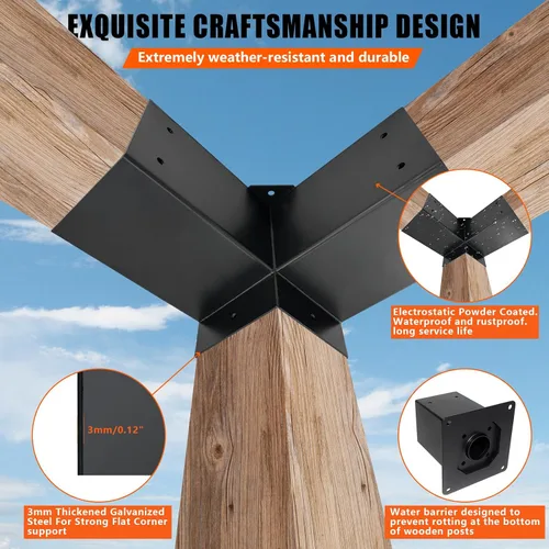 Vista 3 de Kit de soporte de esquina de pérgola de 3 vías, soporte resistente de calibre 13 con base de anclaje para poste a viga, de 4 x 4 pulgadas