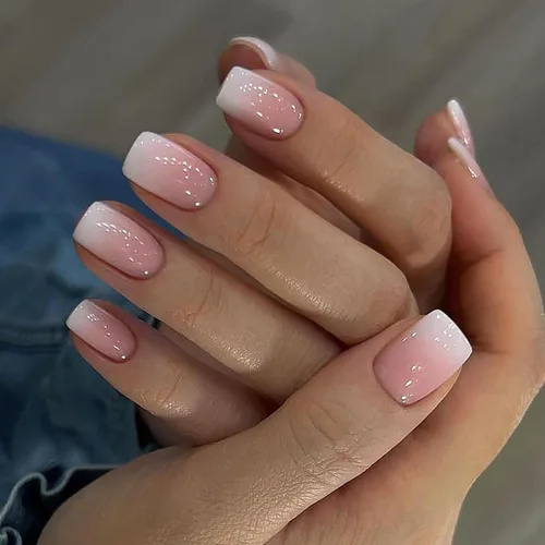 Vista 10 de Uñas postizas cuadradas cortas a presión, color liso, blanco leche, rosa, cobertura completa, con diseños, uñas postizas brillantes con pegamento S1