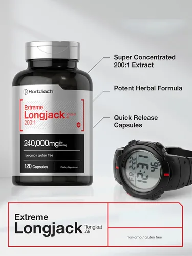 Vista 3 de Horbäach - Longjack Tongkat Ali 120 cápsulas Suplemento de rendimiento masculino extremo Fórmula de extracto de hierbas súper concentrado