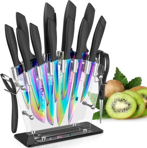 Vista 7 de Aiheal Juego de cuchillos de cocina, 16 piezas de acero inoxidable de alto carbono de color dorado, hoja con revestimiento de titanio, cuchillería