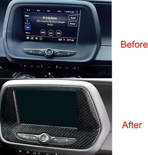 Vista 2 de MICROCK para Camaro Marco de pantalla de consola central de fibra de carbono Moldura Accesorios interiores para Chevrolet Camaro 2016 2017 2018 2019