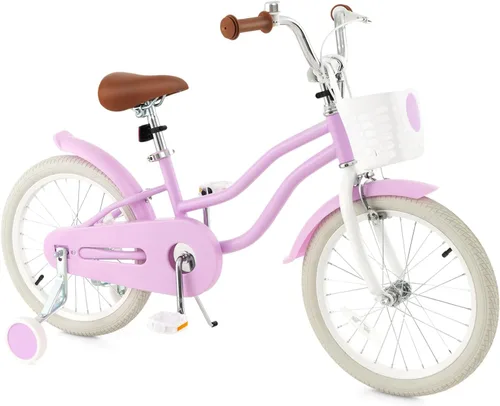 Vista 16 de HONEY JOY Bicicleta para niños de 12, 14, 16, 18, 20 pulgadas, con ruedas de entrenamiento, freno de mano y freno de posavasos, cadena totalmente