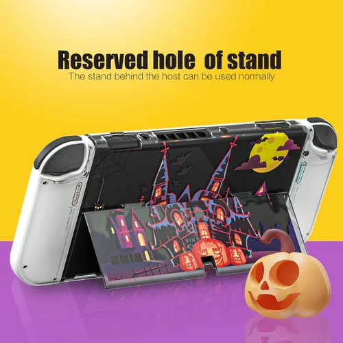 Vista 2 de Halloween Decoration Switch OLED Case, Switch OLED Protective Case with TPU Joycon Covers and Glass Screen Protector and Thumb Grip Caps