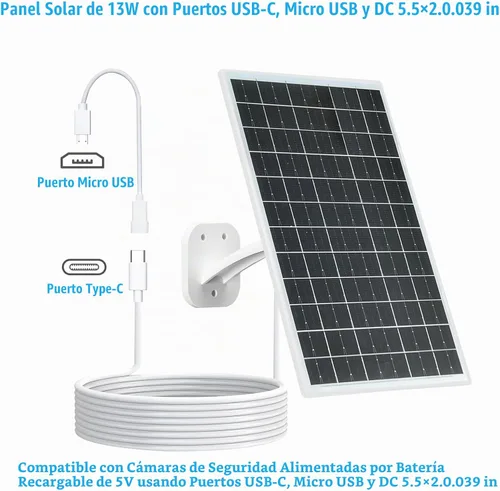 Vista 3 de Panel solar de 13W para cámaras de seguridad, USB-C, micro USB y DC
