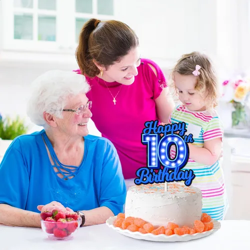 Vista 6 de Decoración de pastel de cumpleaños 10 con purpurina azul Let's Glow Crazy Party Theme Decor Supplies Men Women Happy Birthday 10 Anniversary Party