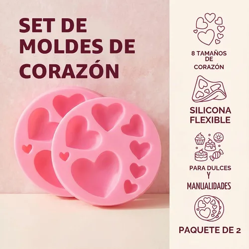 Vista 8 de 2 moldes de silicona rosa, diferentes tamaños, molde de chocolate con forma de corazón, moldes para decoración de galletas, pasteles, pasteles