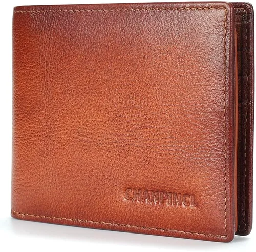 Vista 33 de Billetera de piel triple con bloqueo RFID para hombre con 2 ventanas de identificación, 2 compartimentos para efectivo, 6-8 ranuras para tarjetas