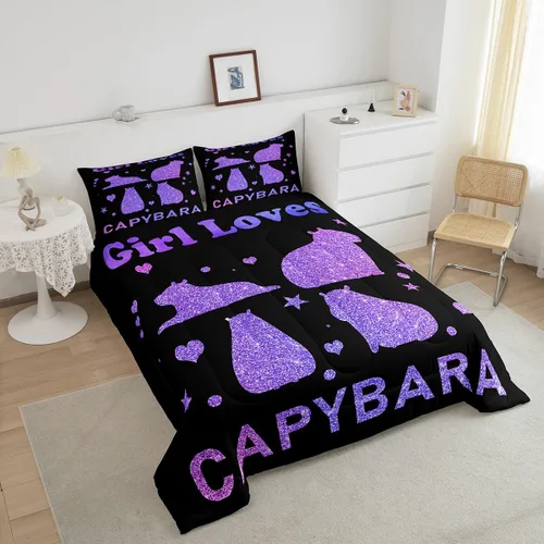 Vista 3 de Feelyou Juego de edredón de dibujos animados de Capybara, tamaño individual con 1 funda de almohada, juego de ropa de cama con estampado